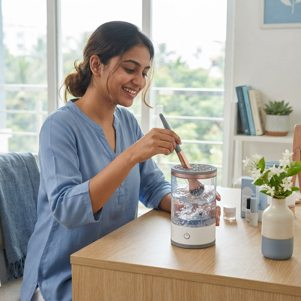 A South Asian woman using an electric makeup brush cleaner at a modern vanity with soft blue decor in a bright apartment.