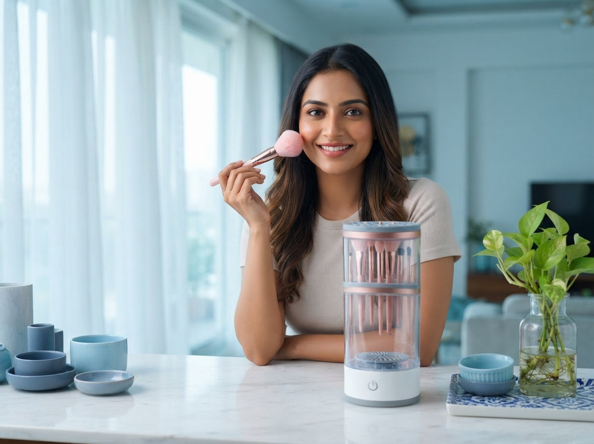 A South Asian woman smiles in a bright, modern room next to an electric makeup brush cleaner on a clean vanity.